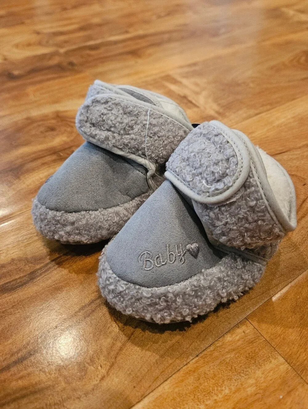 Grey Plush Baby Booties Soft Sole Slippers 12 Months Infant Shoes